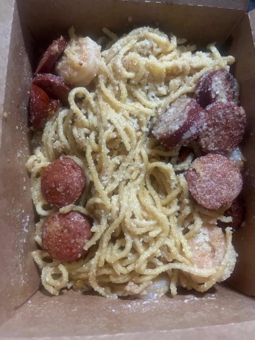 Garlic Noodles with Shrimp and a Hot Link.