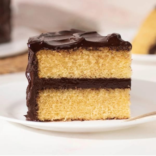 A slice of vanilla cake with chocolate frosting and filling on a white plate.