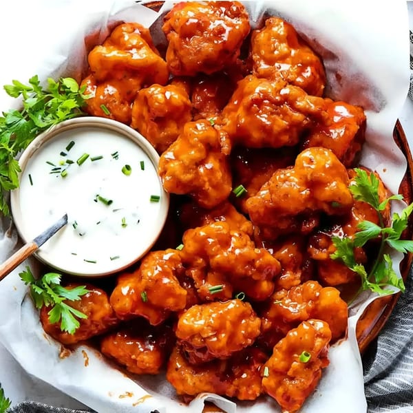 Ray's Chicken & Fish's orange glazed popcorn shrimp with a side of ranch dip and parsley.